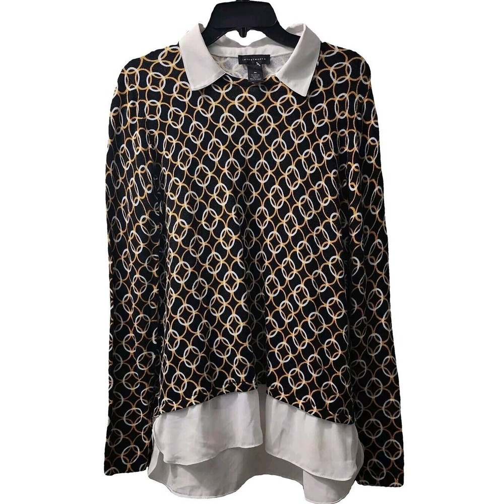 Investments Geometric Print Blouse‎ White Collar Long Sleeve Top Size M